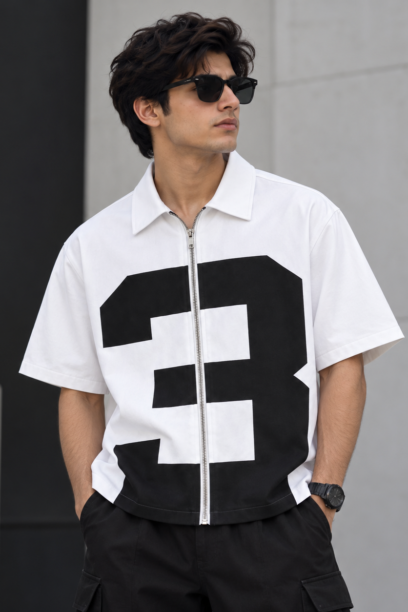 AZUS Zip-Up Shirt – White & Black